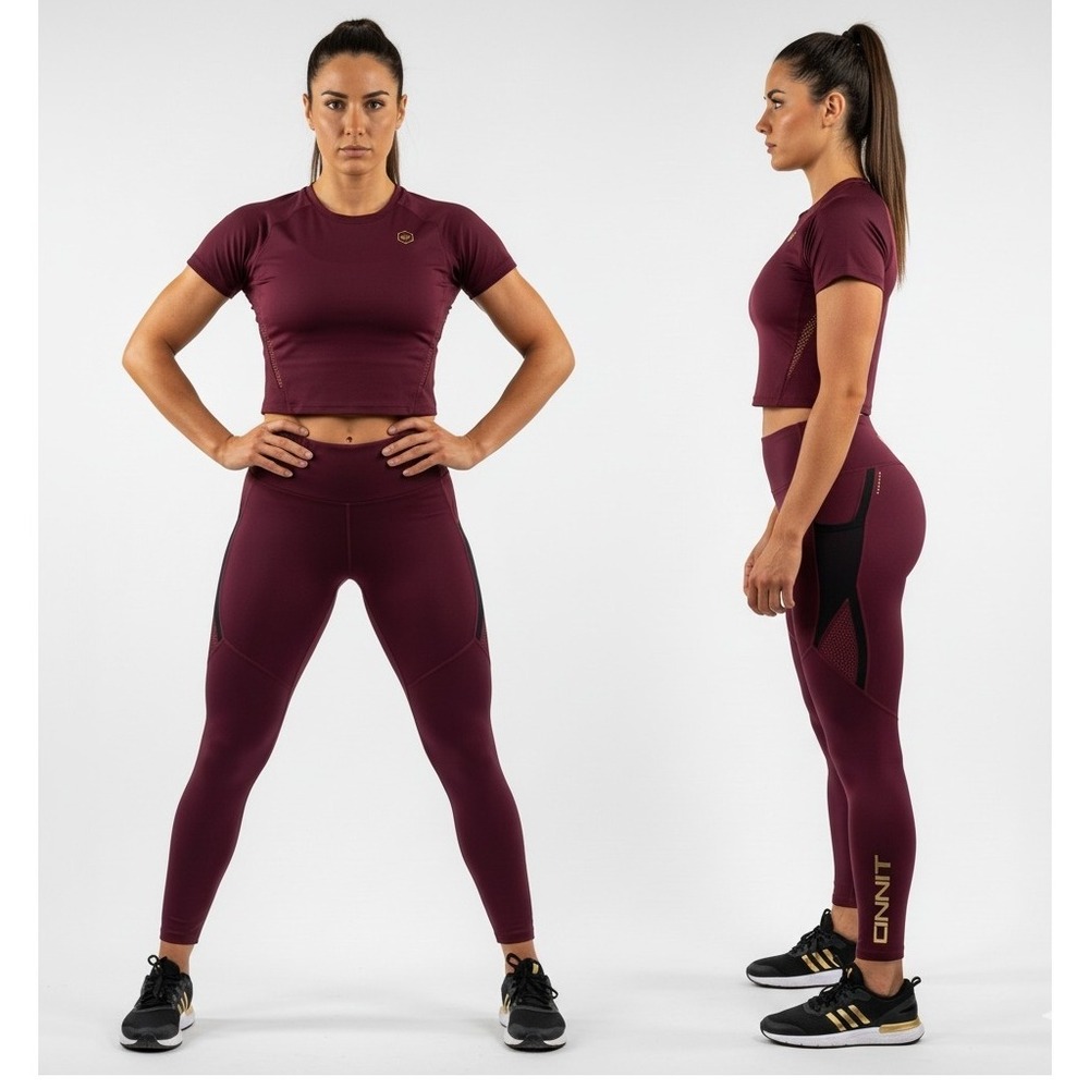 Virus x‎ Onnit Hi-Waist Performance Leggings M Women Maroon Gold Logo Training